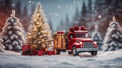 a small red miniature truck in winter with decorated fir trees and gifts.