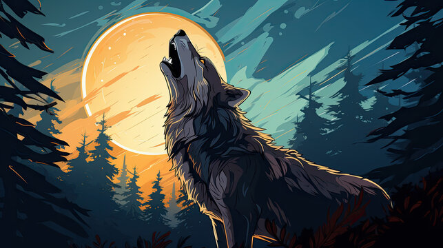 creative illustration of a wolf in the forest at night howling at the moon.