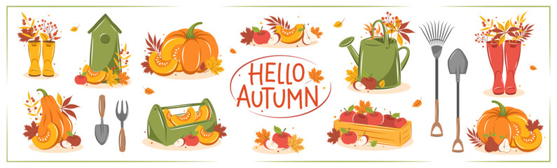 Hello Autumn. Gardening, growing plants. Set with pumpkin, fruit, watering can and autumn leaves. Happy thanksgiving. Vector illustration.