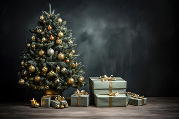 Festlicher Weihnachtsbaum und Geschenke vor Vintage Hintergrund mit Textfreiraum als Illustration für Weihnachtskarte. - 635466525