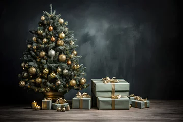 Deurstickers Festlicher Weihnachtsbaum und Geschenke vor Vintage Hintergrund mit Textfreiraum als Illustration für Weihnachtskarte. © Carmen Steiner
