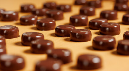 Banner Sweets candy on chocolate factory conveyor. Process cocoa glazing marzipan