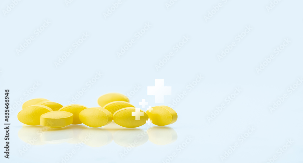 Poster yellow tablets pill with white cross symbol on white background. health and medical care concept. he