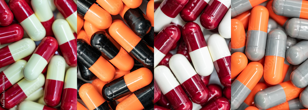 Wall mural full frame colorful antibiotic capsule pills. pharmacy banner. prescription drug. antibiotic drug re