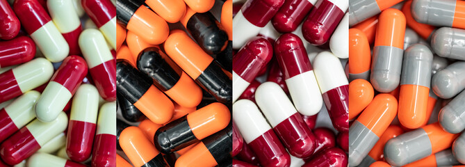 Full frame colorful antibiotic capsule pills. Pharmacy banner. Prescription drug. Antibiotic drug...