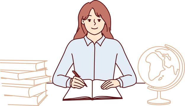 Teenager girl sits at school desk with globe and books to gain new knowledge and quality education