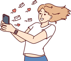 Woman with phone gets lot of messages and likes on social media and rejoices at popularity