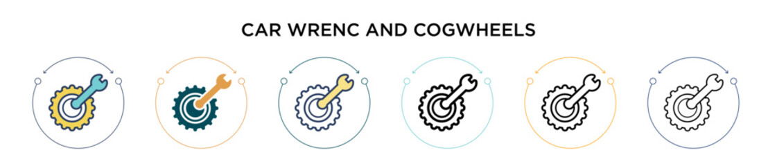 Car wrenc and cogwheels icon in filled, thin line, outline and stroke style. Vector illustration of two colored and black car wrenc and cogwheels vector icons designs can be used for mobile, ui, web