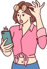 Shocked woman with mobile phone raises glasses and opens mouth after reading amazing news