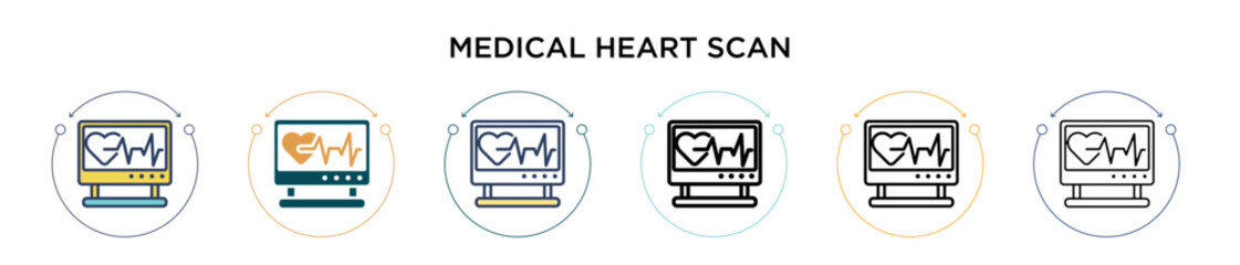 Medical heart scan icon in filled, thin line, outline and stroke style. Vector illustration of two colored and black medical heart scan vector icons designs can be used for mobile, ui, web