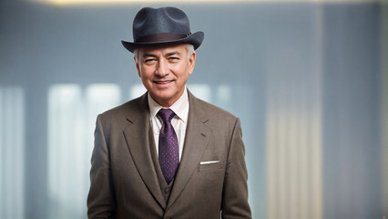 Businessman in a hat smiling in the office. AI Generated