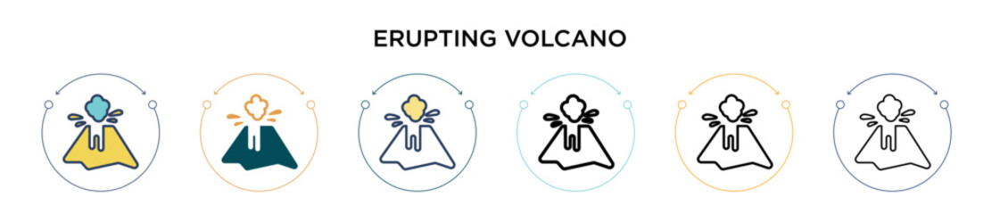 Fototapeta premium Erupting volcano icon in filled, thin line, outline and stroke style. Vector illustration of two colored and black erupting volcano vector icons designs can be used for mobile, ui, web