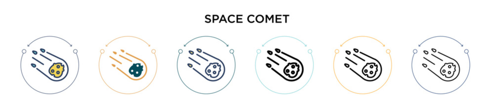 Space comet icon in filled, thin line, outline and stroke style. Vector illustration of two colored and black space comet vector icons designs can be used for mobile, ui, web