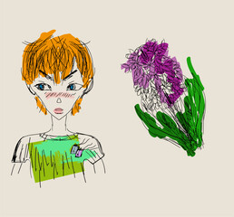 Cute red-haired boy with hyacinth, shy, bashful blush on his cheeks, postcard, cartoon, freehand drawing
