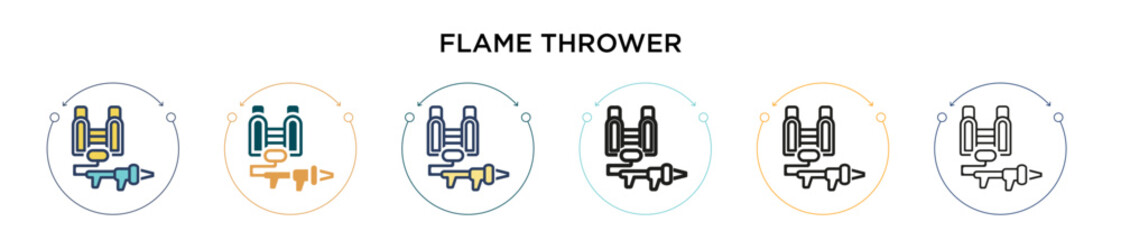 Flame thrower icon in filled, thin line, outline and stroke style. Vector illustration of two colored and black flame thrower vector icons designs can be used for mobile, ui, web