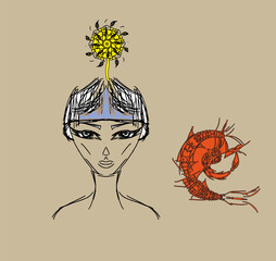 Girl and shrimp. Phenakistoscope, postcard, cartoon, freehand drawing