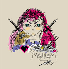 Samurai girl and ramen noodles with soft-boiled egg, postcard,  cartoon, freehand drawing
