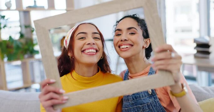 Women, selfie and face in a frame for moving, property or investment with friends together in home, new house or living room. People, portrait and smile for profile picture or happy memory in lounge