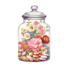 Candy Jar with Flowers Watercolor Clip Art, Watercolor Illustration, Flowers Sublimation Design, Flowers Clip Art.