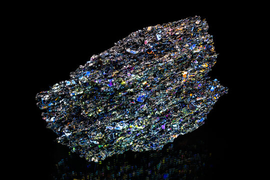 Colored carborundum chemical compound on black background. Synthetic silicon carbide used as abrasive material, semiconductor in electronics or diamond jewel imitation. Rare moissanite nature mineral.