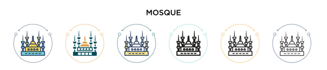 Blue mosque icon in filled, thin line, outline and stroke style. Vector illustration of two colored and black blue mosque vector icons designs can be used for mobile, ui, web