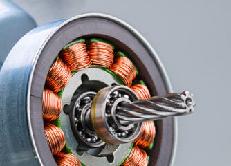 Closeup of electric motor rotor with worm gear, ball bearing and inductors on gray background....