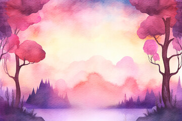 Fantasy forest with pink and purple trees. Watercolor background with a copy space. Illustration created with Generative Ai technology