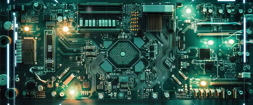 Abstract electronic circuits loop. Technology background animation. Stylized circuit boards, depicting computers, networks. Anamorphic video
