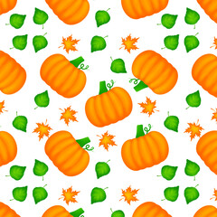 Repeating pattern of autumn leaves and pumpkins