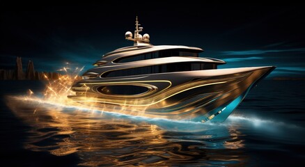 Beautiful golden yacht sailing in the sea, leisure and fun concept. Generative AI