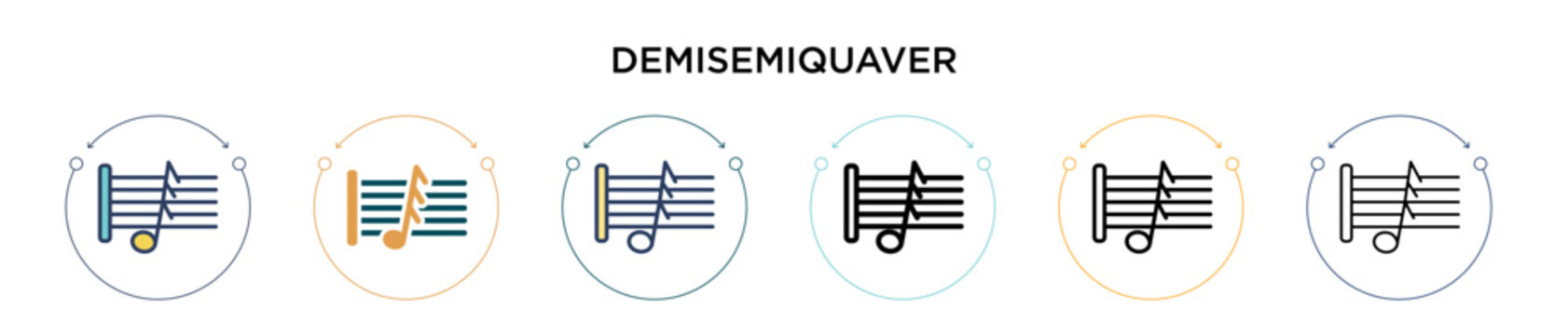 Demisemiquaver icon in filled, thin line, outline and stroke style. Vector illustration of two colored and black demisemiquaver vector icons designs can be used for mobile, ui, web