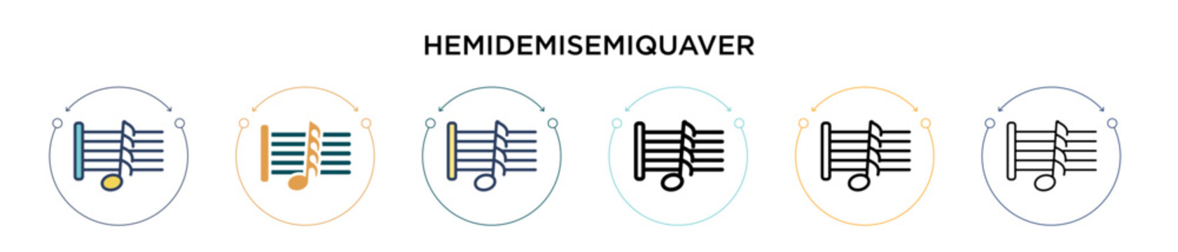 Hemidemisemiquaver icon in filled, thin line, outline and stroke style. Vector illustration of two colored and black hemidemisemiquaver vector icons designs can be used for mobile, ui, web
