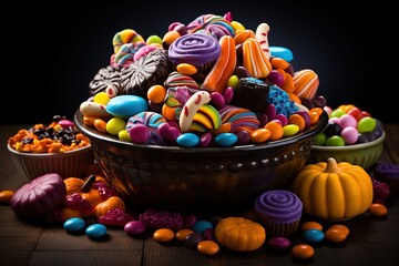 Fototapeta na wymiar Halloween candies and sweets on dark background.Generative Ai