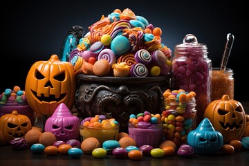 Halloween candies and sweets on dark background.Generative Ai