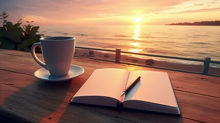 Coffee mug and notebook on wooden table, sea, sky and sunset in the background. Generative AI - obrazy, fototapety, plakaty