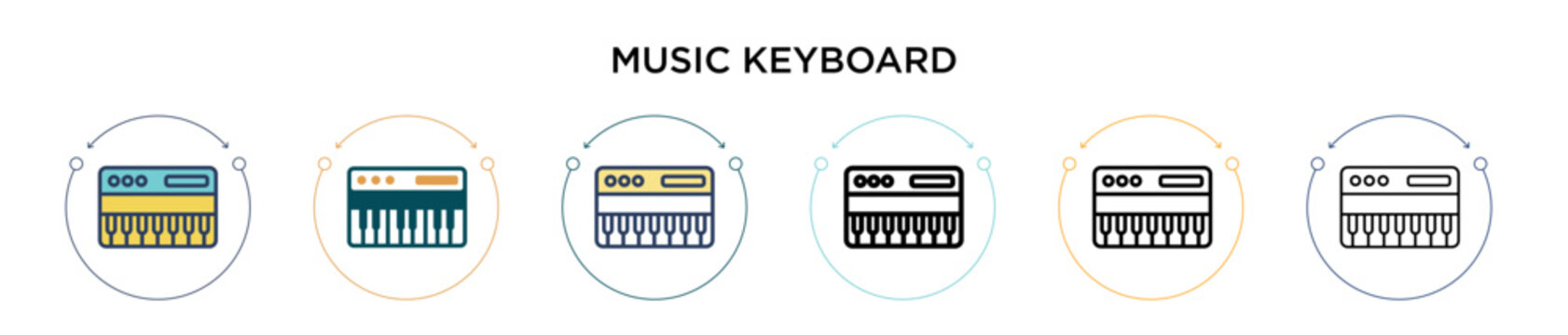 Music keyboard icon in filled, thin line, outline and stroke style. Vector illustration of two colored and black music keyboard vector icons designs can be used for mobile, ui, web