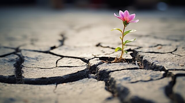 Small plant growing in cracked and broken ground, concept of nature and hope. Generative AI