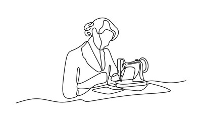 Woman Using Sewing Machine Oneline Continuous Single Line Art