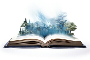 Book and magic forest with blue fog, white background, story and fantasy concept. Generative AI
