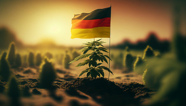 Cannabis Legalisierung Deutschland Feld mit Cannabis Pflanzen und deutscher Bundes Flagge drauf Generative AI 