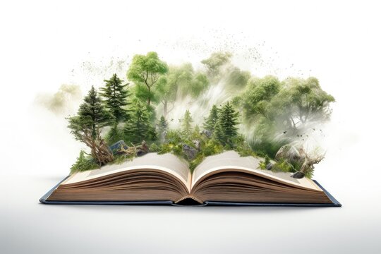 Book and green magic forest, white background, story and fantasy concept. Generative AI