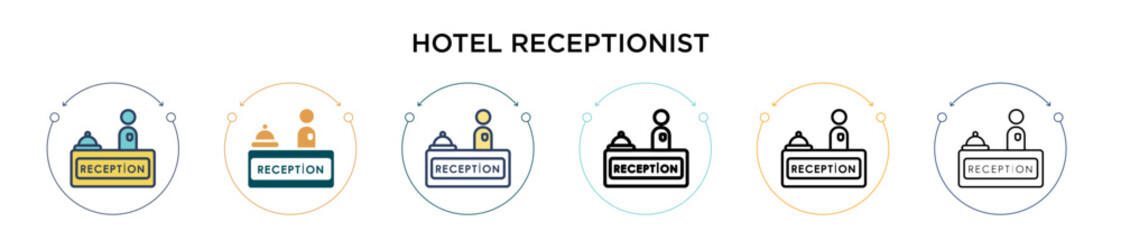 Hotel receptionist icon in filled, thin line, outline and stroke style. Vector illustration of two colored and black hotel receptionist vector icons designs can be used for mobile, ui, web