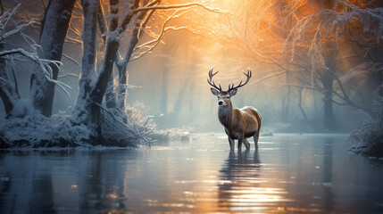 winter landscape with deer in the forest. Generative Ai. 