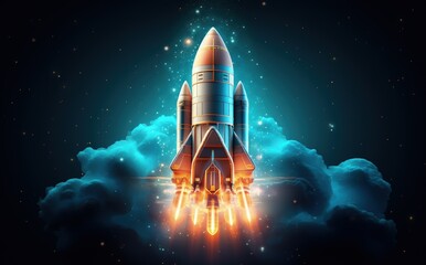 Illustration of rocket ready to take off, details with blue light, startup concept. Generative AI