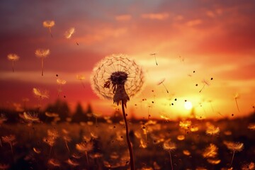 Landscape with dandelion field and sunset, bokeh background. generative AI