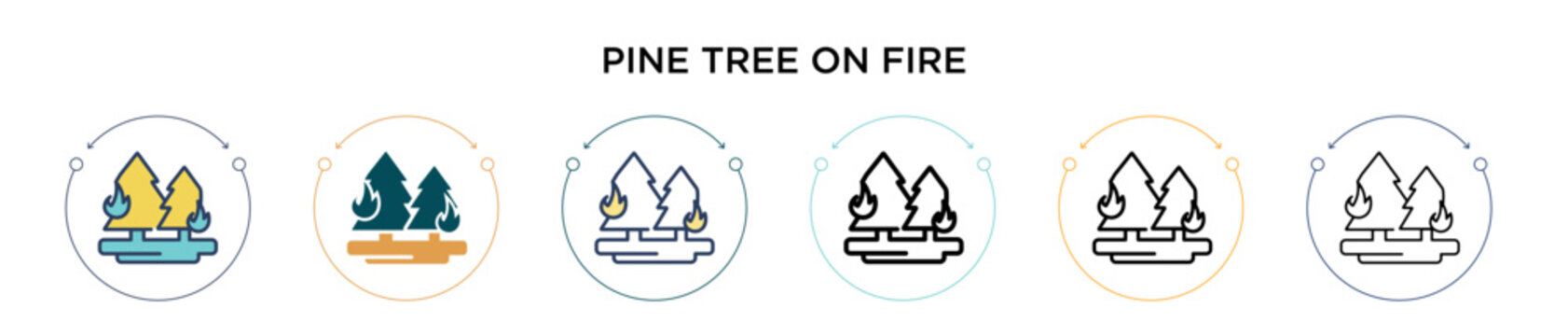 Pine tree on fire icon in filled, thin line, outline and stroke style. Vector illustration of two colored and black pine tree on fire vector icons designs can be used for mobile, ui, web