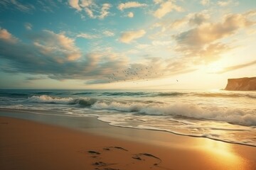 Obraz premium Tropical landscape with beach, sea, sky with clouds and horizon, travel and leisure concept. Generative AI