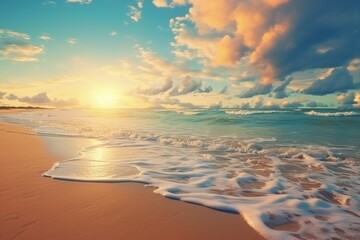 Fototapeta premium Tropical landscape with beach, sea, sky with clouds and horizon, travel and leisure concept. Generative AI