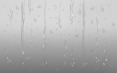 Rain transparent drops flow down the glass.Realistic wet condensation texture.Fresh water splash effect on the surface.Liquid spreading droplet shapes.