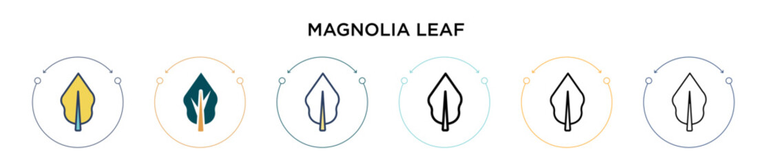 Magnolia leaf icon in filled, thin line, outline and stroke style. Vector illustration of two colored and black magnolia leaf vector icons designs can be used for mobile, ui, web
